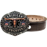 Cinto De Couro Legitimo Fivela Country American Longhorn