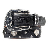 Cinto Feminino Fivela Strass Cinto Country Pedraria Cowgirl Cor Preto coração fivela Redonda Preta Tamanho 100 Cm Veste 46