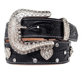 Cinto Feminino Fivela Strass Cinto Country Pedraria Cowgirl Cor Preto coração fivela Redonda Tamanho 80 Cm Veste 36 38