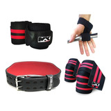 Cinturão Couro + Faixa De Joelho + Munhequeira + Fita Strap