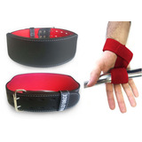 Cinturão Couro + Fita Strap Par Luva Powerlifit Agachamento