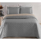 Cobre Leito Casal Queen 3 Pçs - Colcha Dupla Face Com Vies Cor Cinza