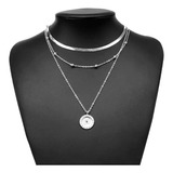 Colar 3 Camadas Osso De Cobra Pingente Mandala Sol Cor Prateado