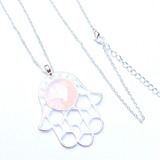 Colar C/ Pingente Mão Hamsa/fátima Pedra + Quartzo Rosa 