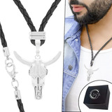 Colar Cordão De Couro Masculina Cabeça De Boi Ajustável