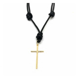 Colar De Couro Masculino Cruz Pequena Banhada A Ouro 18k