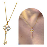 Colar Feminino Chave Antiga Cravejada Zircs Semijóia Legítim