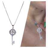Colar Feminino Chave Cravejada Zircs Semijóia Aaa Banho Luxo