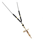Colar Feminino Cordão Terço Pedras Onix Religioso Jesus 