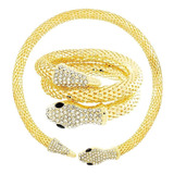 Colar Gargantilha E Pulseira Cobra Dourados Com Strass Lindo