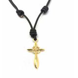 Colar Gargantilha Homem Couro Marrom Cruz Banhado Ouro 18k