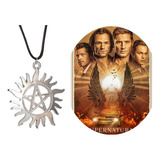Colar Sol Pentagrama Supernatural Serie Prateado Couro