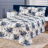 Colcha Cobre Leito Cama Casal Kit 3 Peças Milão Cor Azul Florido Estampado