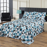 Colcha Cobre Leito Milão Algodão Queen 3 Peças Cor Azul Geométrico Estampado