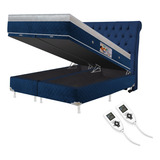 Colchão Magnético Queen 1,58x1,98 Hr Premium Massageador 2 Controles Energia Bio Quantica + Cama Box Bau + Cabeceira Cor Azul