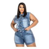 Colete Jeans Plus Size Feminino Comprido Sem Lycra G/gg