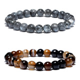 Combo 2 Pulseiras De Bolinha Masculina Ônix Olho De Tigre 