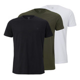 Combo 3 Camisetas Básicas Lisa Verde Militar, Branca E Preta