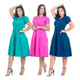 Combo 3 Vestido Feminino Plus Size Rodado Moda Evangelica