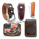 Combo Fivela American Longhorn Cinto Bainha Canivete Capinha