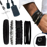 Combo Pulseiras Em Couro+bolinha+ 2 Colar Crucifixo E Deus