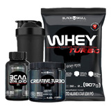 Combo Whey Protein Turbo + Bcaa + Creatina - Black Skull Sabor Morango