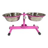 Comedouro Bebedouro Inox Duplo Ajustável Antiformiga Pequeno Cor Rosa