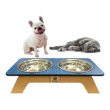 Comedouro Madeira Com 2 Potes Em Inox Para Pet Cachorro Gato