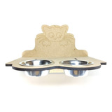 Comedouro Parede Duplo Gato Mdf Natural Inox Laser Bengal