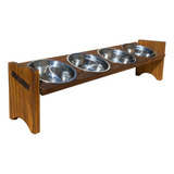 Comedouro Quádruplo - Madeira - Pote Inox- Gato E Cachorro