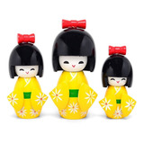 Conj. 3 Boneca Kokeshi Doll Amarela