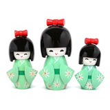 Conj. 3 Boneca Kokeshi Doll Verde