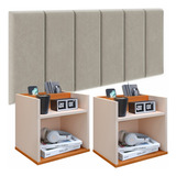 Conjunto 2 Mesinha Quarto + Cabeceira Cama Luxo 1,40 Madri Acabamento Brilhante Cor Bege | Off White/cinamomo