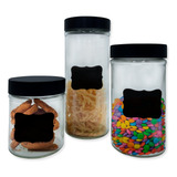 Conjunto 3 Potes Vidro Com Tampa E Adesivo Lousa P/ Escrever