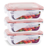 Conjunto 3 Potes Vidro Hermético Marmita Nabox Quentinha Mantimentos Fitness Retangular 640ml Cor Vermelho