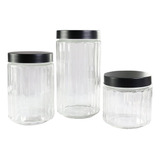 Conjunto 3 Potes Vidro Tampa Inox Mantimento Grãos Açúcar
