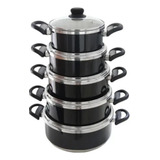 Conjunto 5 Panela Alumínio Grosso Preta Tampa Vidro