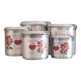 Conjunto 5 Potes Porta Mantimentos Com Tampa Flor