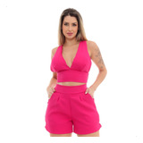 Conjunto Alfaiataria Top Cropped Bojo Alça E Short Social