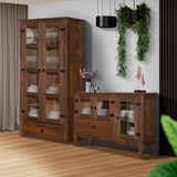 Conjunto Balcão E Cristaleira Rústicos Imbuia Gemma Shop Jm