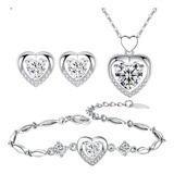 Conjunto Banhado A Prata 925 Colar Brinco E Pulseira Coração