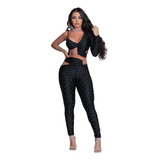 Conjunto Blogueira Bordado Calça E Cropped Justa Panicat
