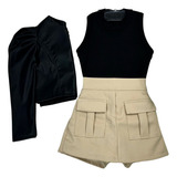 Conjunto Blogueirinha Jaqueta Regata E Short Saia Kit 3 Peça