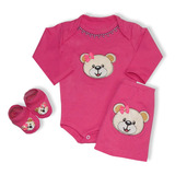 Conjunto Body Bebê Calça Mijão Bordados + Sapatinho 3 Peças
