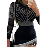 Conjunto Body Tule Pedraria Manga Longa E Saia Babado Strass