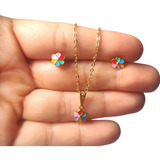 Conjunto Brinco Colar Infantil Flor Florzinha Banhado A Ouro