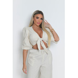 Conjunto Calça Pantalona E Cropped Linho Nozinho Amarração