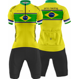 Conjunto Camisa Brasil + Bermuda Gel Feminino Ciclismo Mtb