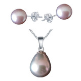 Conjunto Colar Brinco Pérola Lilás Natural Prata 925 