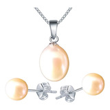 Conjunto Colar Brinco Pérola Rosa Natural Prata 925 